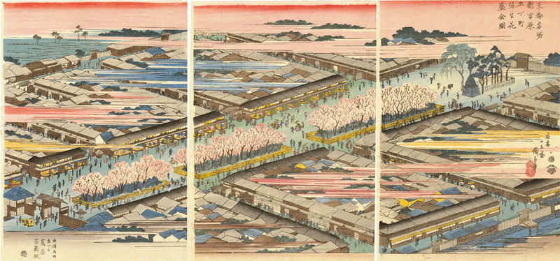 A triptych of the Yoshiwara in winter by Hiroshige
