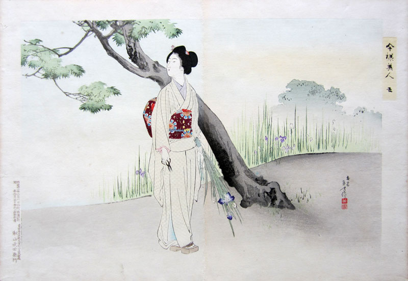 Toshikata Imayō Bijin: Girl holding freshly cut irises