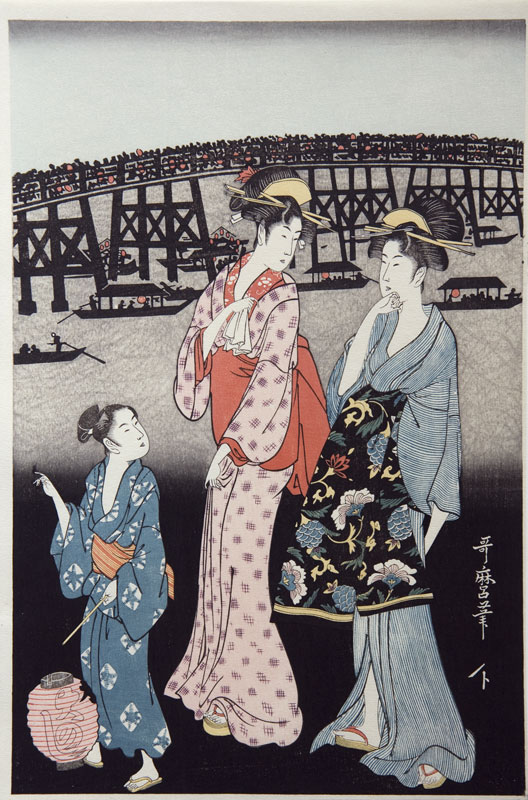 Utamaro Enjoying the cool on the banks of the Sumida river (left)