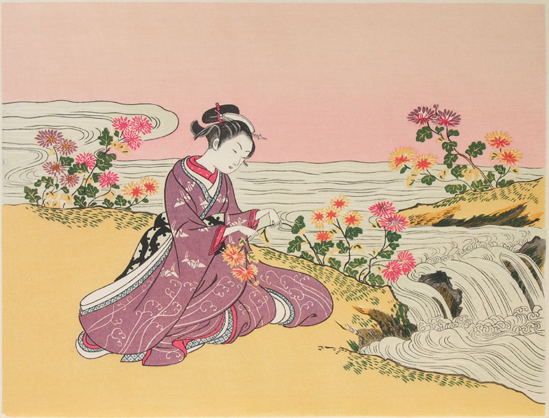 Suzuki Harunobu A girl collecting chrysanthemum dew by the stream