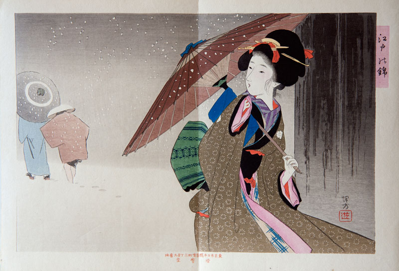 Ikeda Terukata Edo no Nishiki Young woman walking in snow
