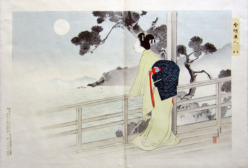 Toshikata Imayō Bijin: Viewing the full moon from a balcony