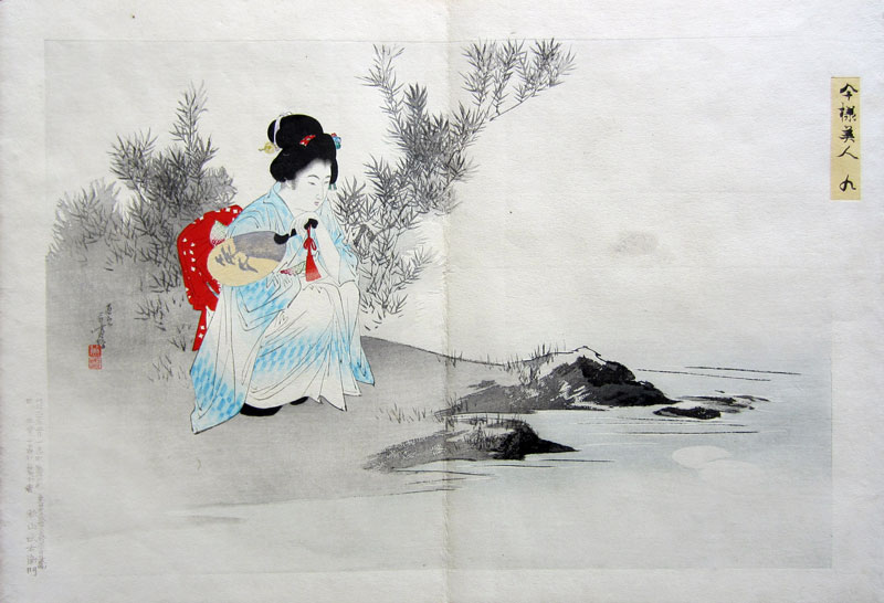 Toshikata Imayō Bijin: Girl seated on a riverbank, the full moon reflecting in the water