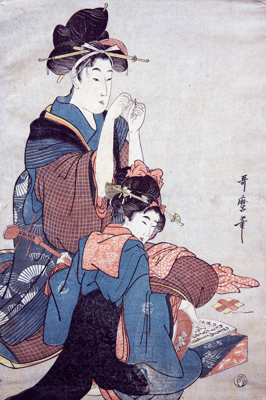 Kitagawa Utamaro Woman threading needle and girl playing music
