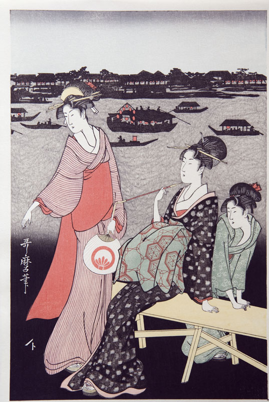 Utamaro Enjoying the cool on the banks of the Sumida river (right)