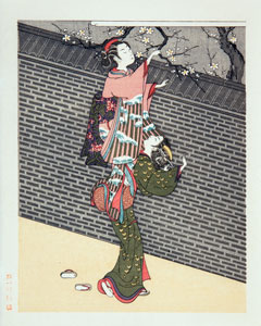Harunobu Eight Views of the Parlor: Picking Plum Blossom over a wall-thumbnail